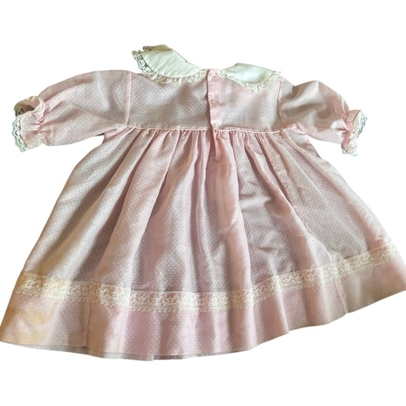 VTG 60’s Nanette Pastel Pink Swiss Dot Dress 2T Floral Appliqué Collar Lacey - Picture 4 of 7